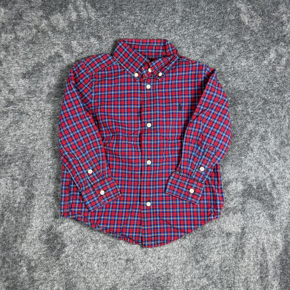 Polo Ralph Lauren Kids Red Blue Plaid Button Down Shirt Size 3/3T Long Sleeve